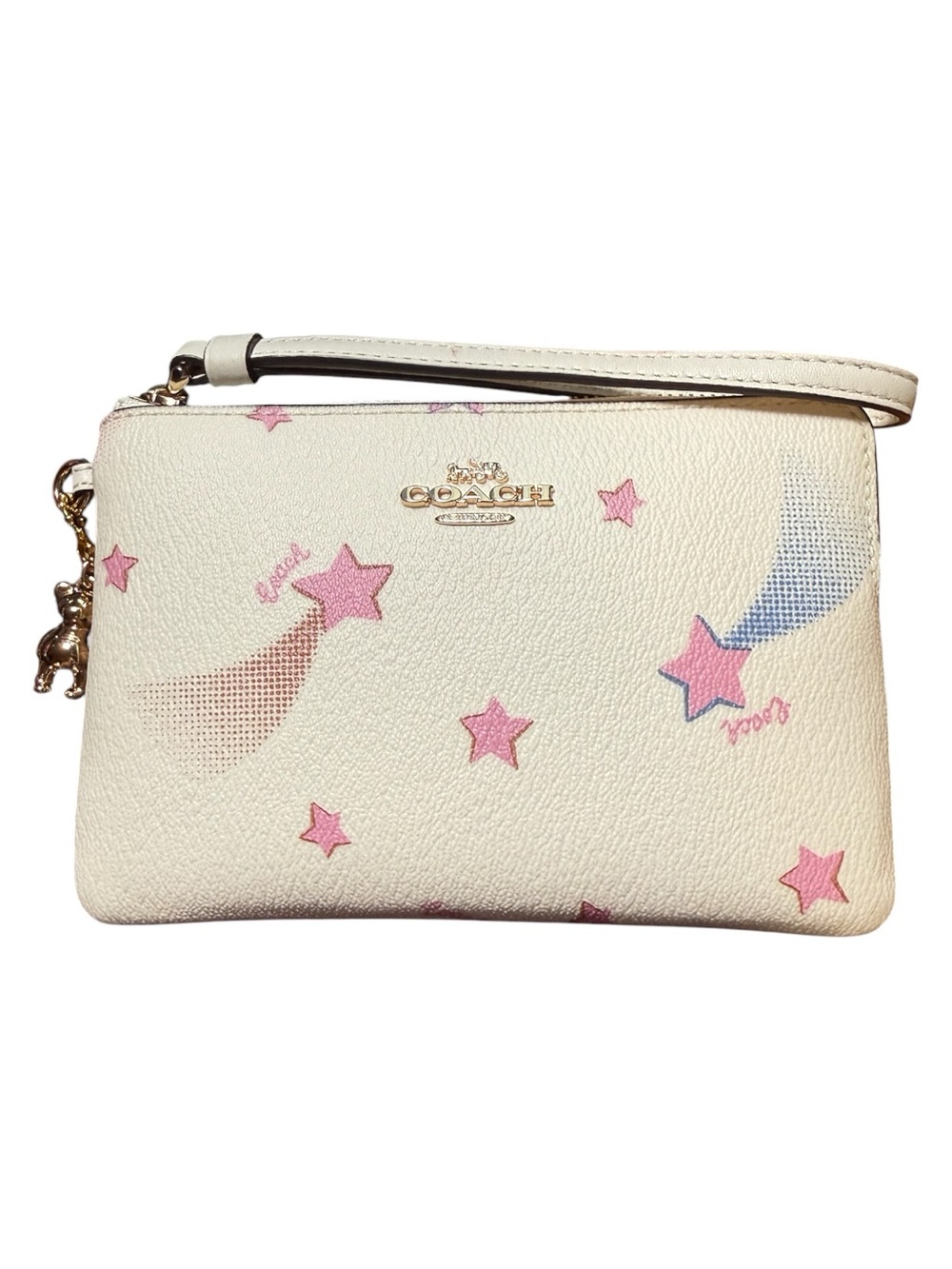 Coach Disco Star Print wristlet w/Coach Bear charm and dusty
